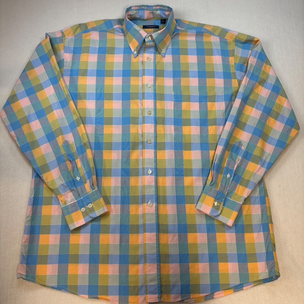 Burberry London Mens L Plaid Button Down Shirt Pastel Blue Orange Made in USA‎